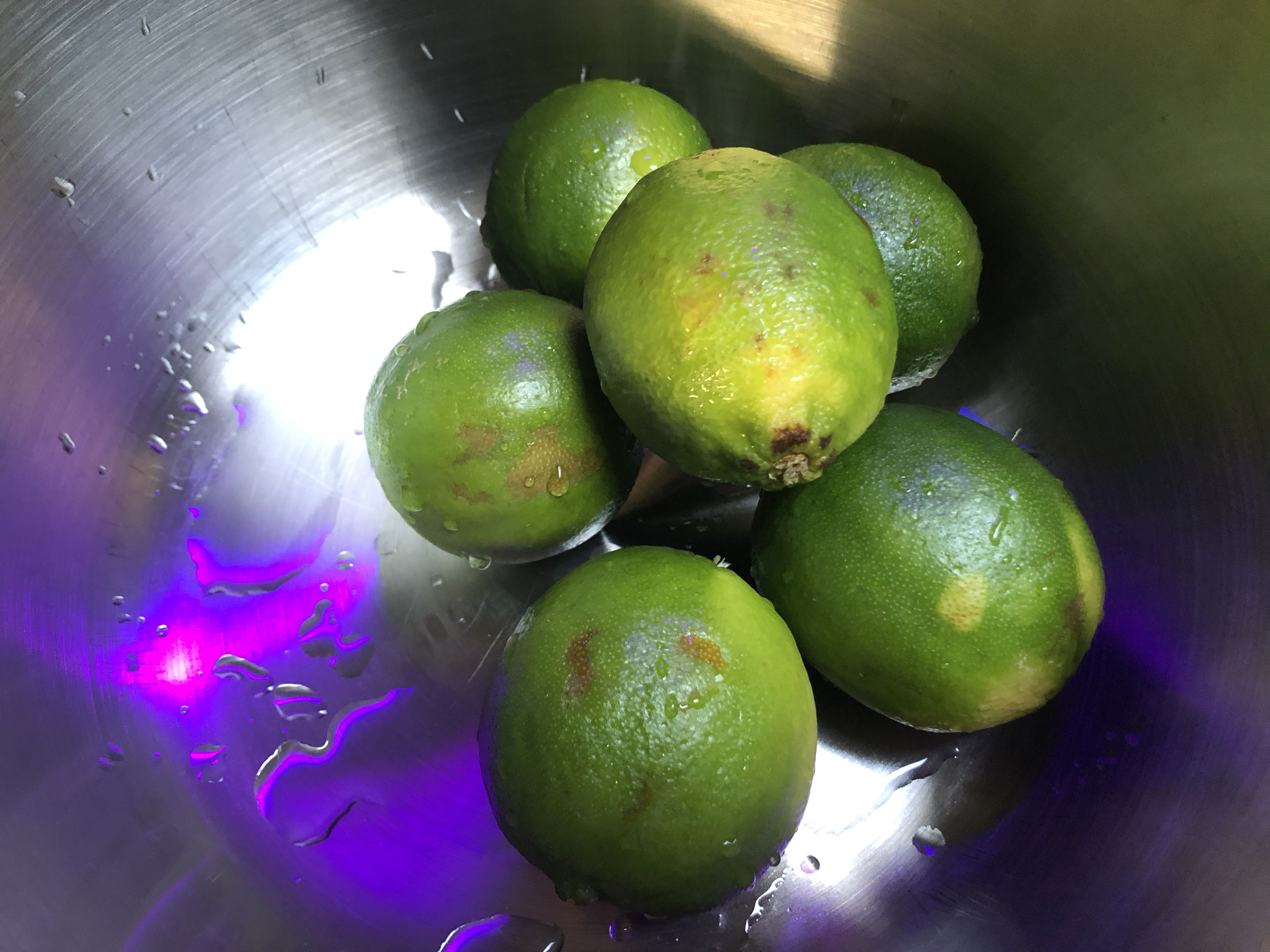 An overhed view of six whole limes in a steel bowl. The light reflects blueish-purple off one interior curve of the bowl.